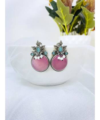 Oxidized Elegance: Pink Traditional Drop Earrings for Summer Weddings